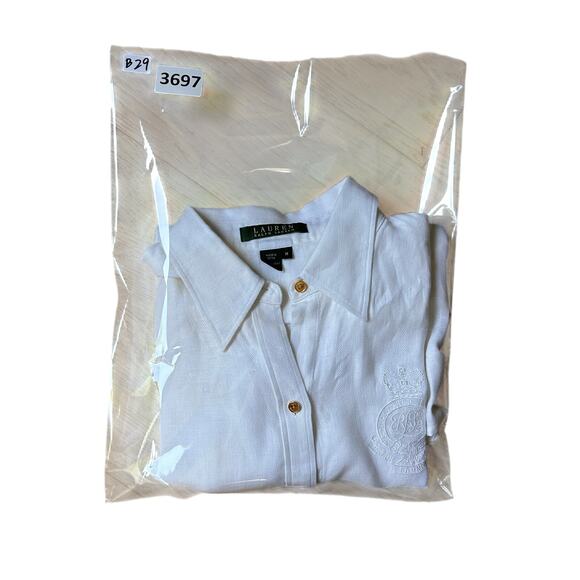 Lauren Ralph Lauren Shirt Womens M‎ White Linen Gold Button Crest Classic - Picture 8 of 8